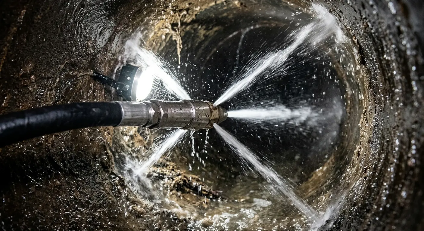 High-pressure hydro jetting nozzle cleaning sewer pipe for Trenchless Sewer Repair in El Dorado
