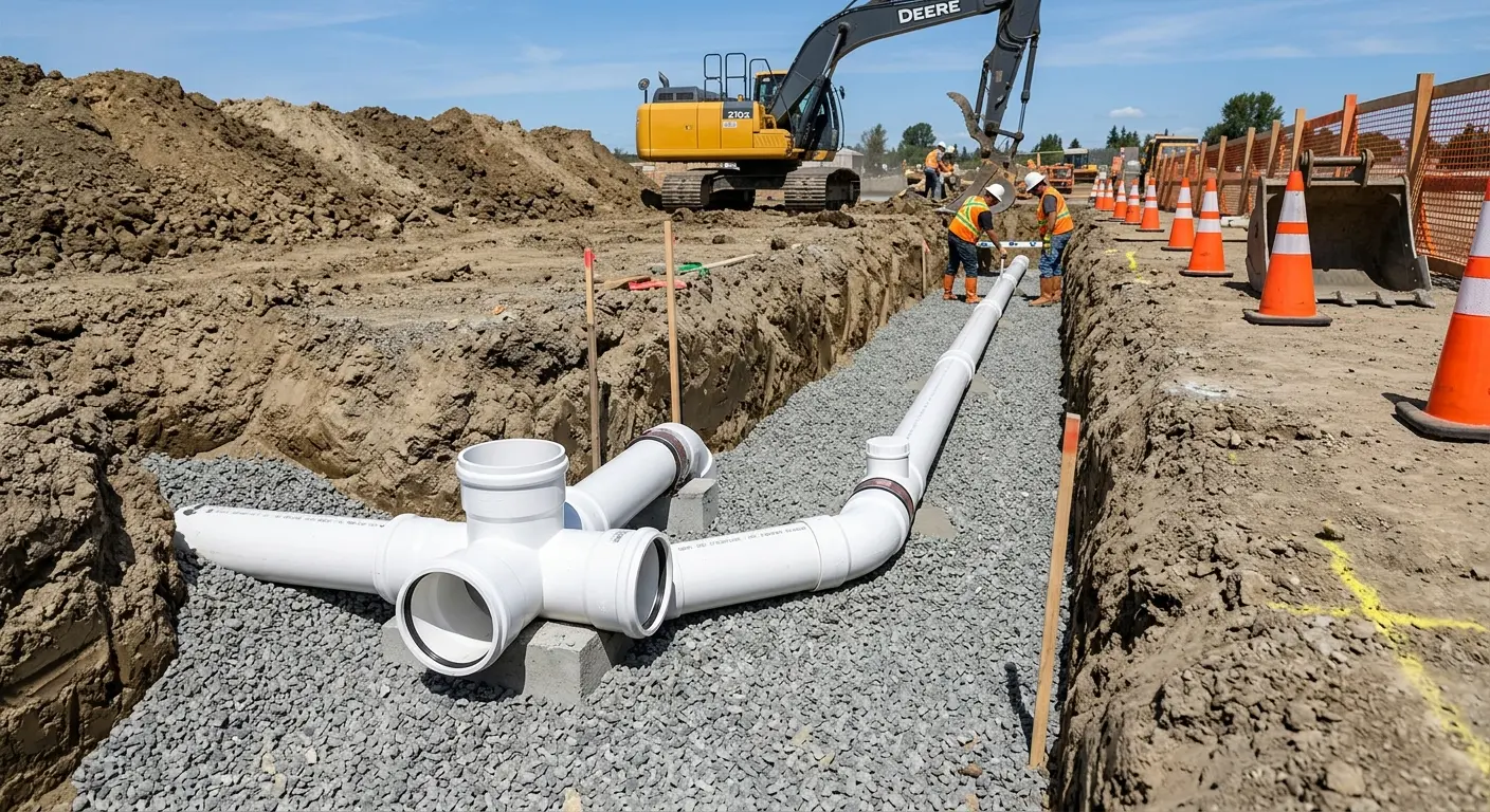 New PVC sewer pipe installation in open trench for Grease Trap Cleaning in El Dorado