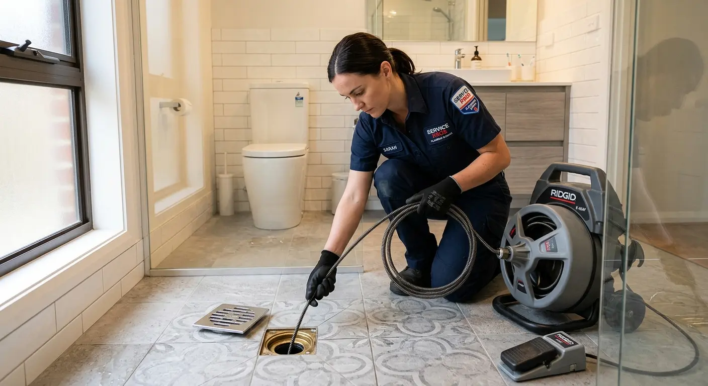 Technician clearing a bathroom floor drain for Drain Cleaning in El Dorado
